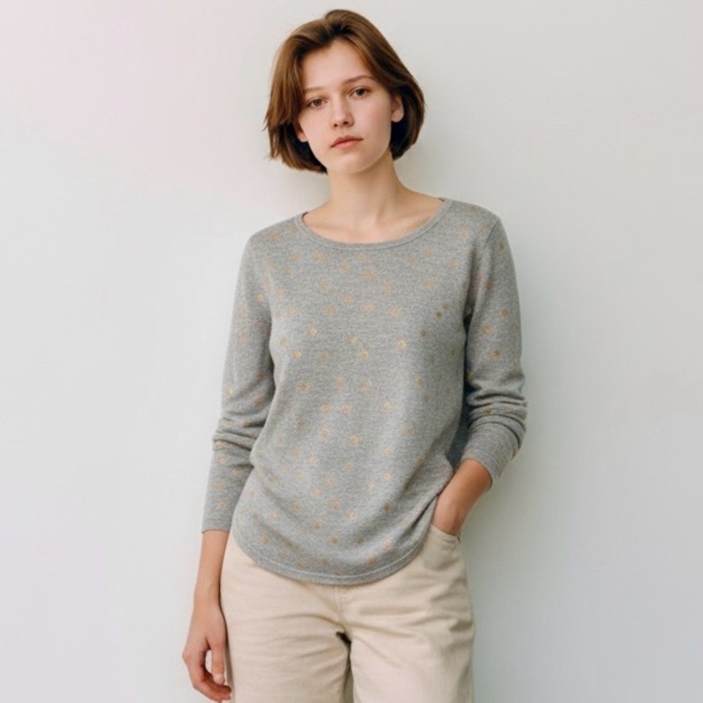 LOFT Gray Gold Foil Polka Dot Sweater Large Wool Blend Knit Pullover